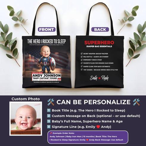 Personalized Baby Superhero Tote Bag – Custom Captain Design with Name, Photo & Quote